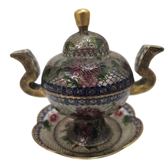 Cloisonne Plique-a-Jour Bowl & Covered Incense Burner Floral Butterfly Design - Picture 1 of 15